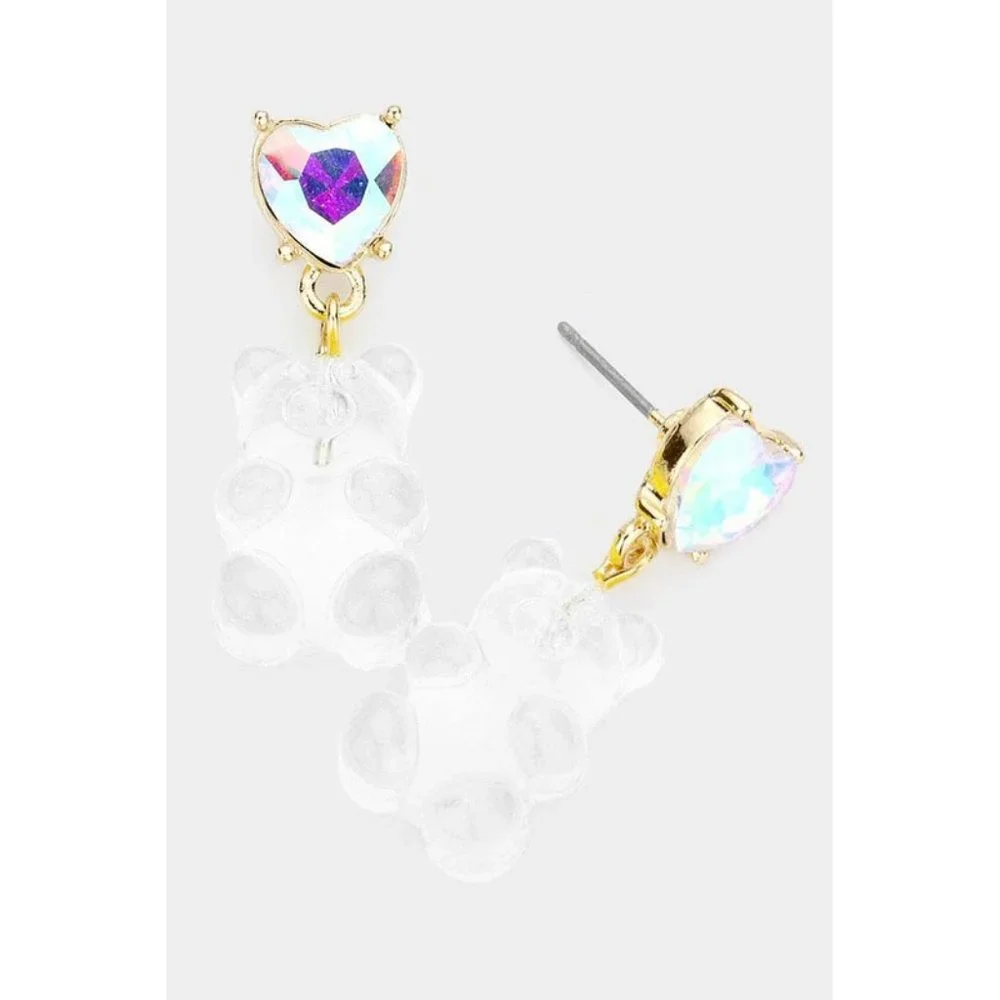 NEW Sparkly Ab Crystal Heart Stud Kawaii Dangle Clear Gummy Bear Drop Earrings - Picture 4 of 5